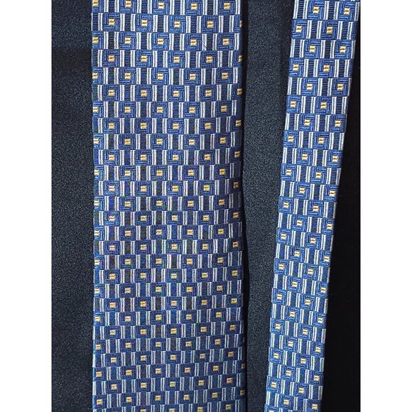 Hickey-Freeman Collection Mens Silk Tie Blue & Yellow Geometric Pattern Made In - Picture 10 of 10